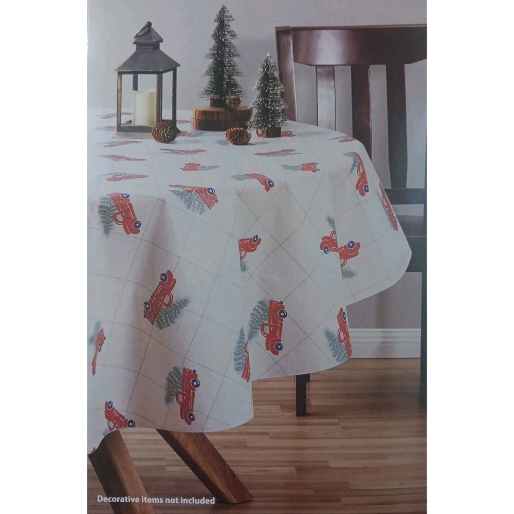 Peva Tablecloth 70" Diameter White with Country‎ Truck Christmas Tree